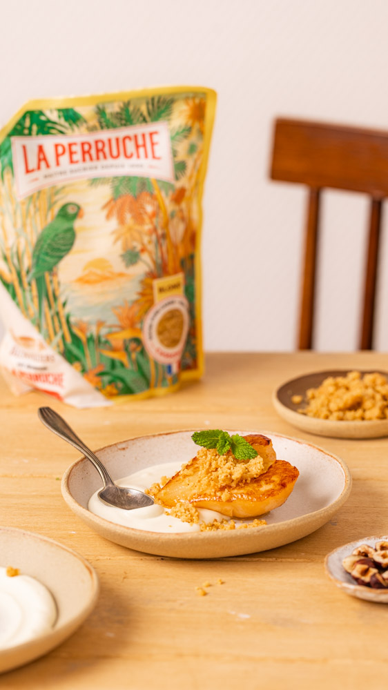 Crumble de poire et yaourt - création de contenus marque agroalimentaire